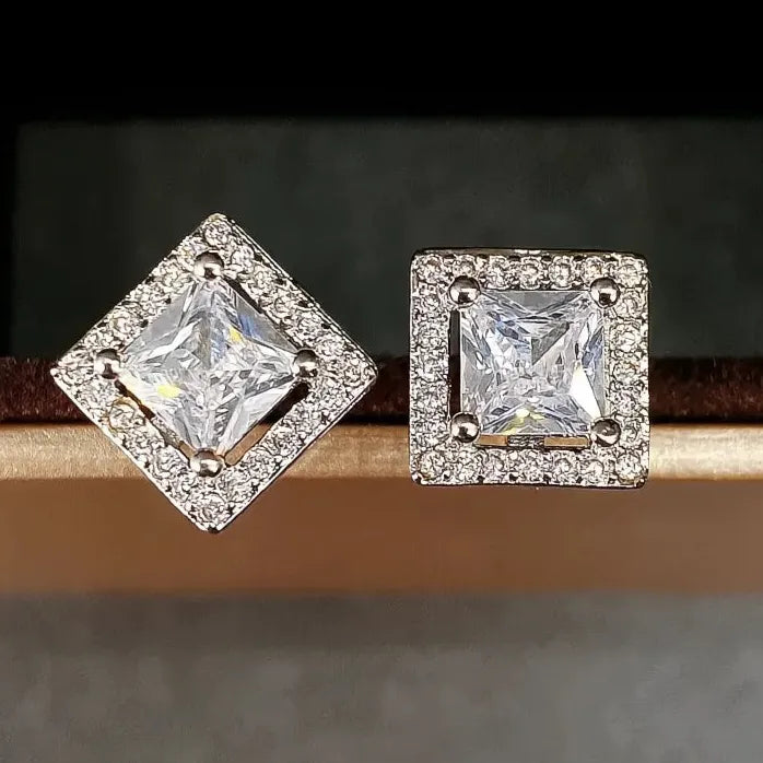 Vintage Geometric Princess Cut CZ Stud Earrings Silver Copper Alloy Women