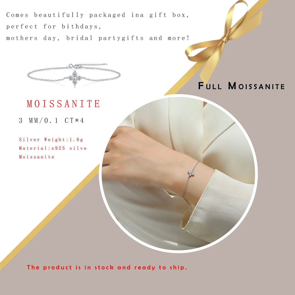 0.4 Carat Moissanite Bracelet Women 925 Sterling Silver Adjustable Four-Stone Flower Jewelry