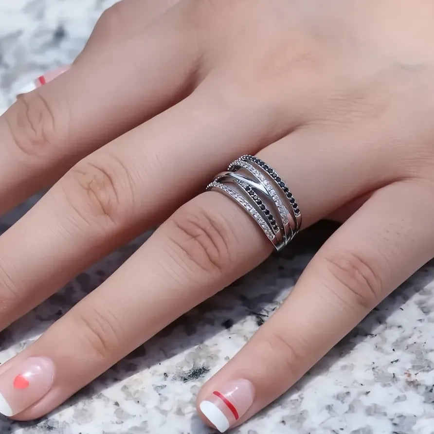 Layered Personality Ring with Black & White Zircon Birthday Gift for Women
