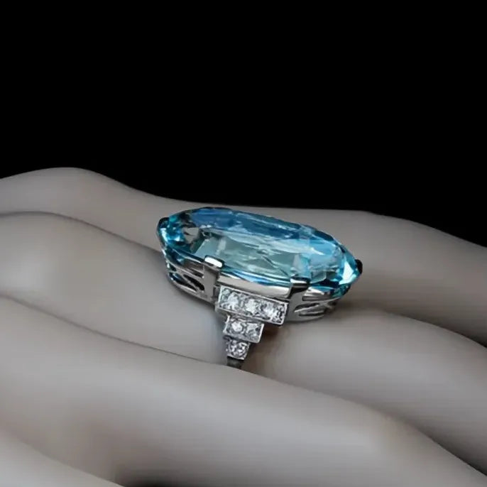Female Light Sky Blue Wedding Ring Oval CZ Stone Solitaire Band Luxury Jewelry Party Gift