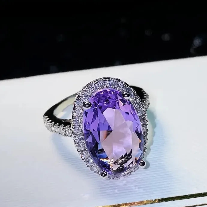 Oval Purple Cubic Zirconia Brass Wedding Ring for Women Party Jewelry