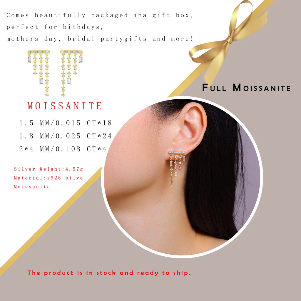1.302CTW Moissanite Tassel Stud Earrings 925 Sterling Silver 18K Gold Plated Jewelry