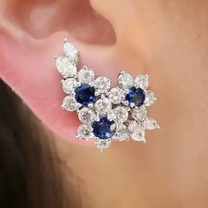 Gorgeous Women's Blue White Round Cubic Zirconia Stud Earrings Luxury Wedding Party Jewelry