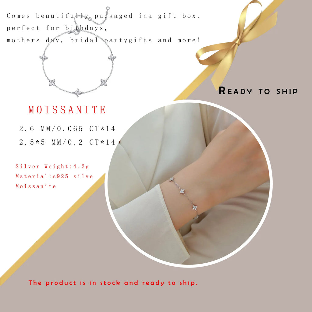 Moissanite Flower Bracelet 925 Sterling Silver 18K Gold Plated Adjustable GRA Certified Jewelry