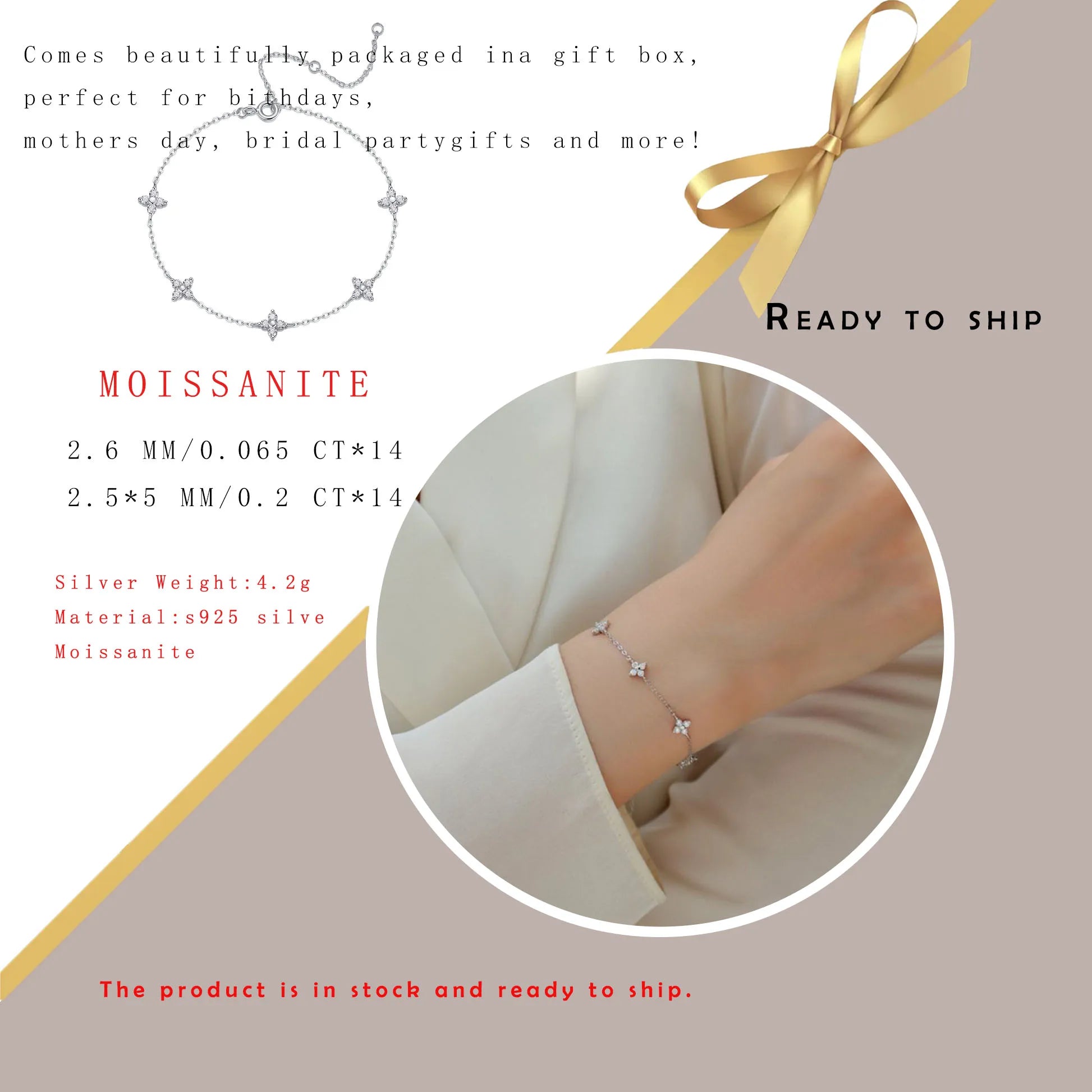 Moissanite Flower Bracelet 925 Sterling Silver 18K Gold Plated Adjustable GRA Certified Jewelry