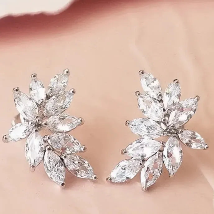 Chic Leaf Geometric Stud Earrings for Women with AAA Marquise Cubic Zirconia Copper Alloy Jewelry