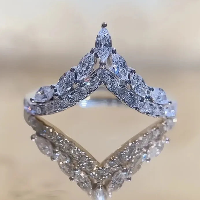 Women’s V-Shaped Bridal Wedding Ring with Geometric CZ Crystal Design