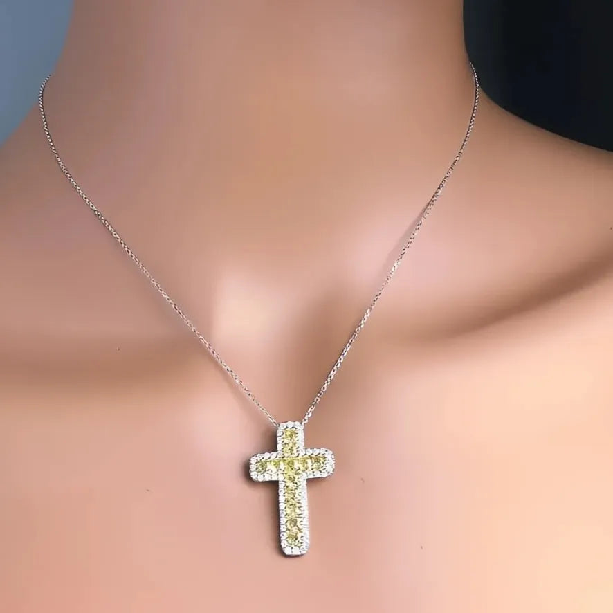 Geometric Cross Pendant Necklace with Yellow Cubic Zirconia in Copper Alloy