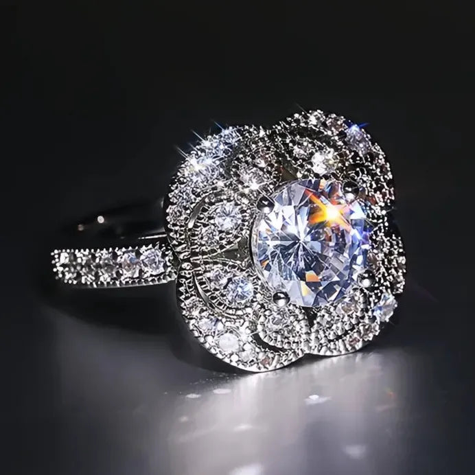Elegant Geometric White Cubic Zirconia Wedding Ring for Women Silver Tone