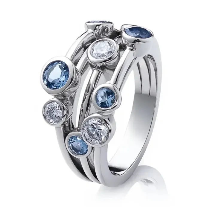 Partysu Women’s 3-Row White & Blue Zircon Wedding Band Ring Jewelry