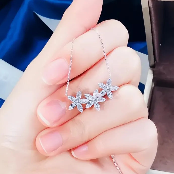 Elegant Three-Flower Cubic Zirconia Necklace for Women Bridal Jewelry