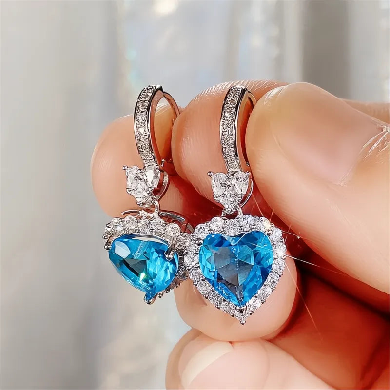 Blue Garnet Heart Cubic Zirconia Drop Earrings for Women Wedding Engagement Jewelry