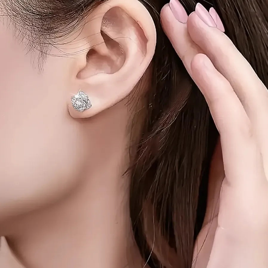 Geometric Cubic Zirconia Flower Stud Earrings for Women Silver Gift