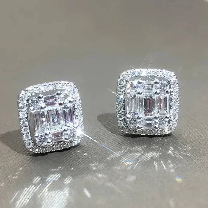 Geometric Cubic Zirconia Stud Earrings Silver Plated Copper Alloy Jewelry