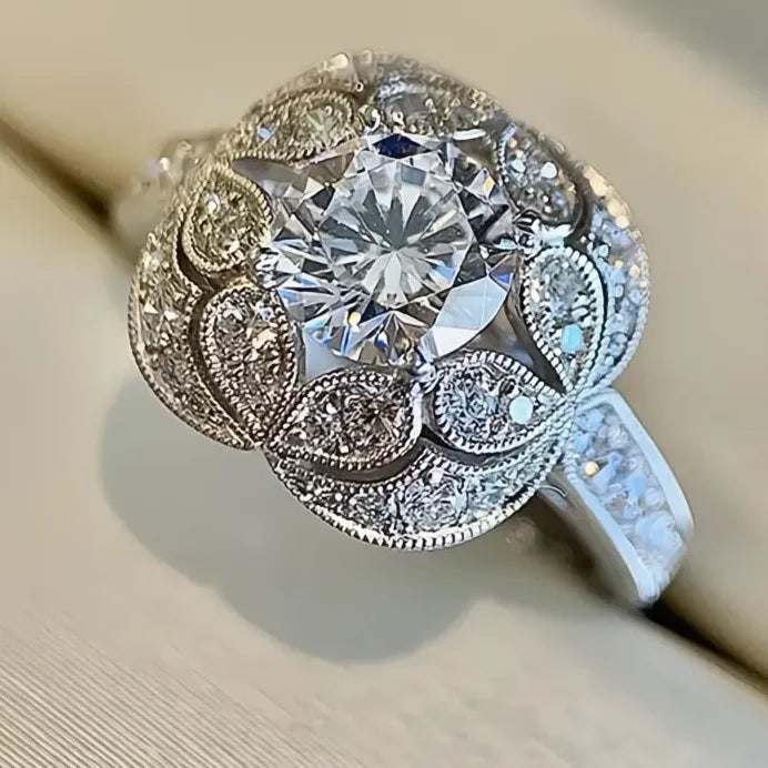 Elegant Geometric White Cubic Zirconia Wedding Ring for Women Silver Tone