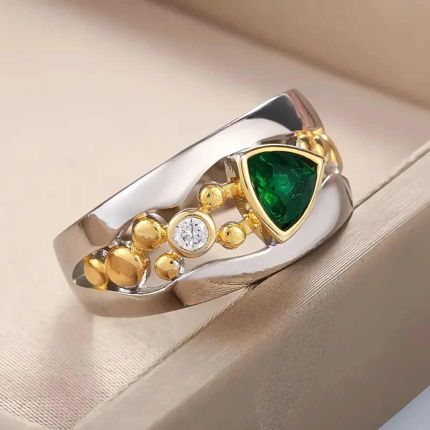 Women’s Fashion Triangular Green Stone Ring Brass Cubic Zirconia Anniversary Gift