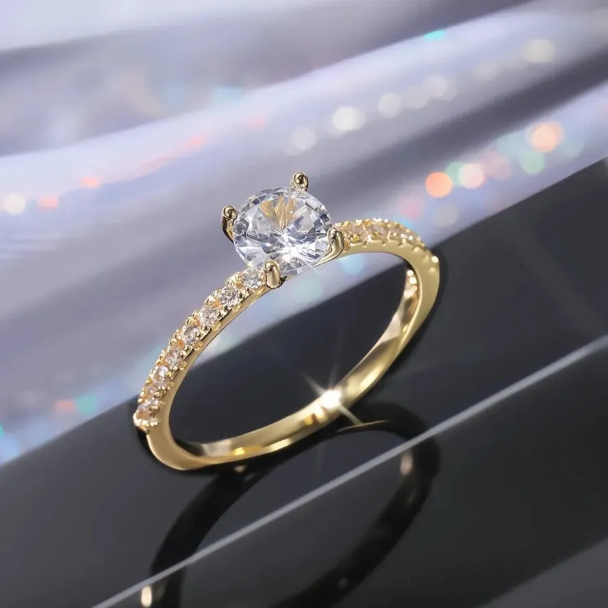 Classic 4 Claws Round Cubic Zirconia Women’s Wedding Engagement Ring Brass Bridal Jewelry 3 Colors