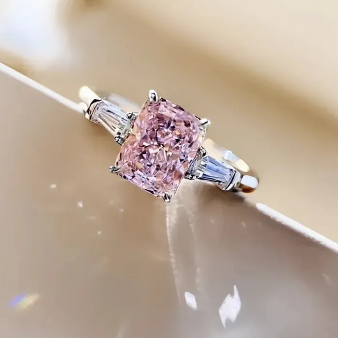 Square Pink Cubic Zirconia Brass Ring for Women Sweet Engagement Gift