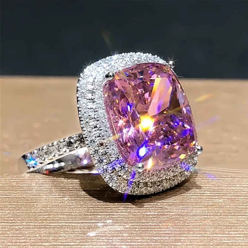 Personality Big Pink Cubic Zirconia Wedding Ring for Women Bridal Marriage Party Jewelry