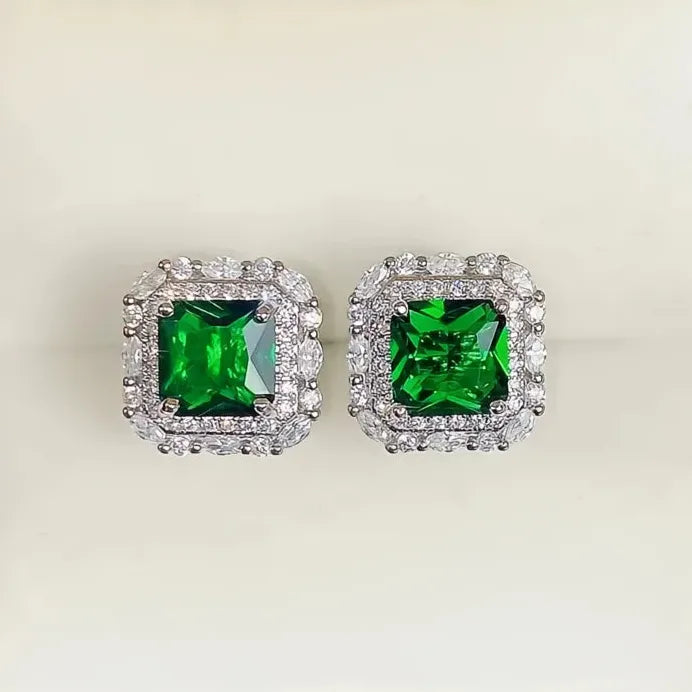 Vintage Green Geometric CZ Stud Earrings Luxury Party Gift for Women