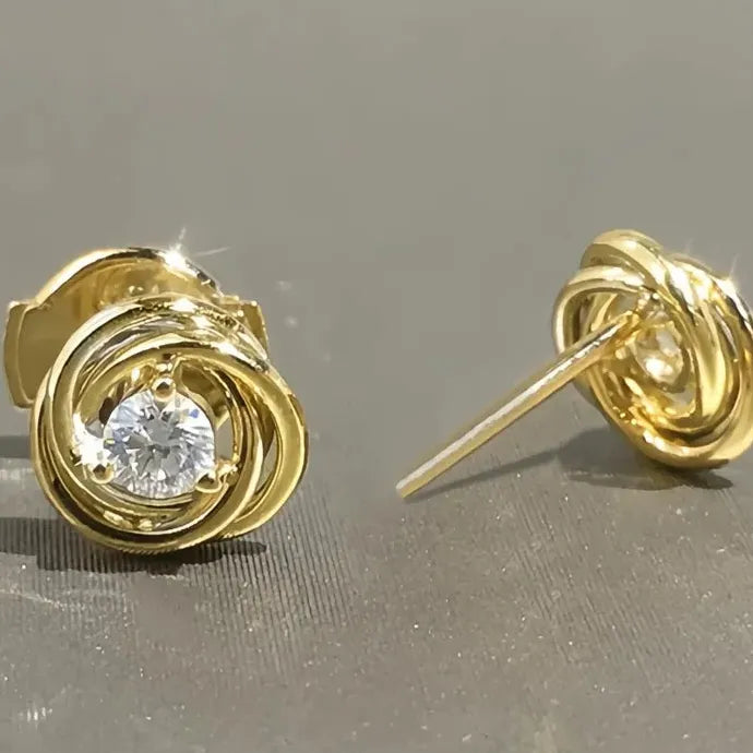 Gold Spiral Copper Alloy Stud Earrings with Single CZ Cubic Zirconia Stone
