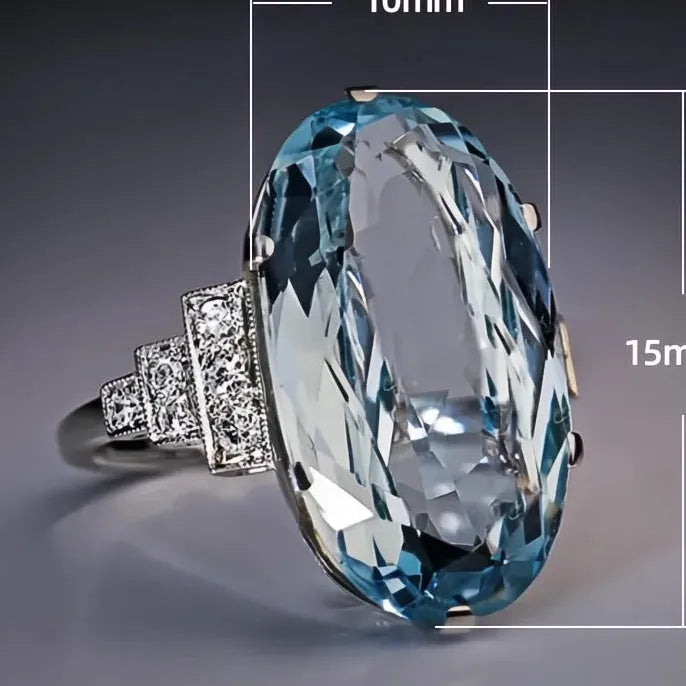 Female Light Sky Blue Wedding Ring Oval CZ Stone Solitaire Band Luxury Jewelry Party Gift