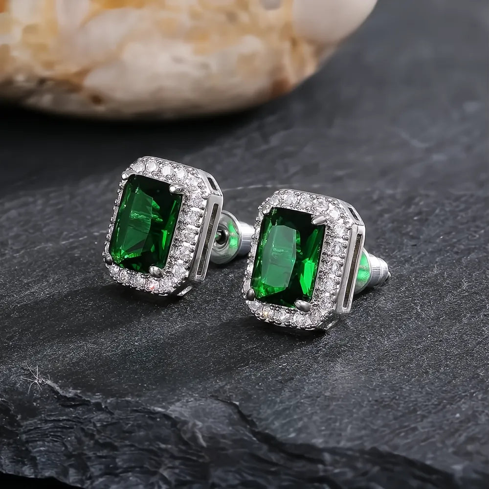 Rectangle Square Green Cubic Zirconia Stud Earrings for Women Elegant Party Anniversary Gift