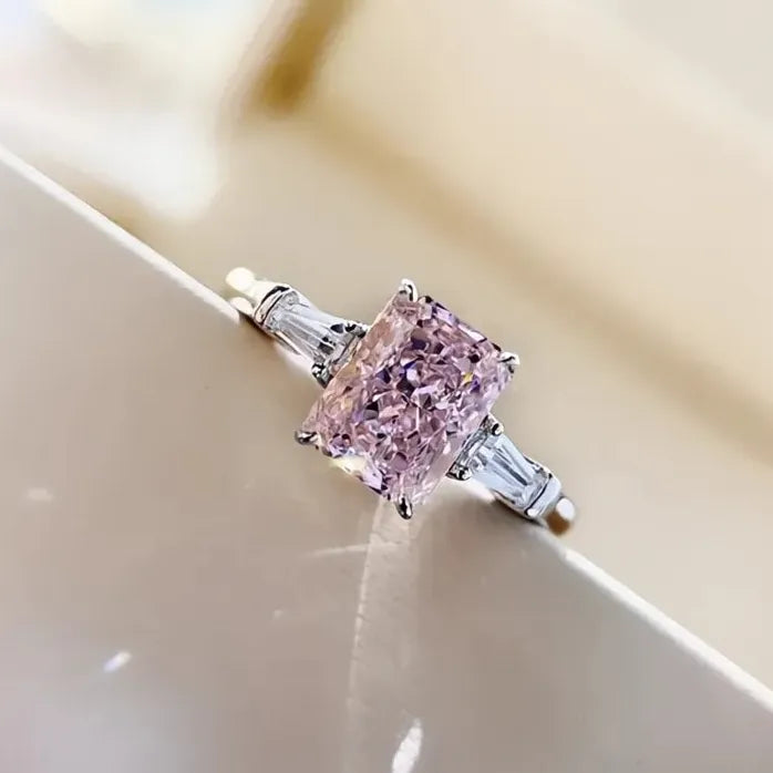 Square Pink Cubic Zirconia Brass Ring for Women Sweet Engagement Gift