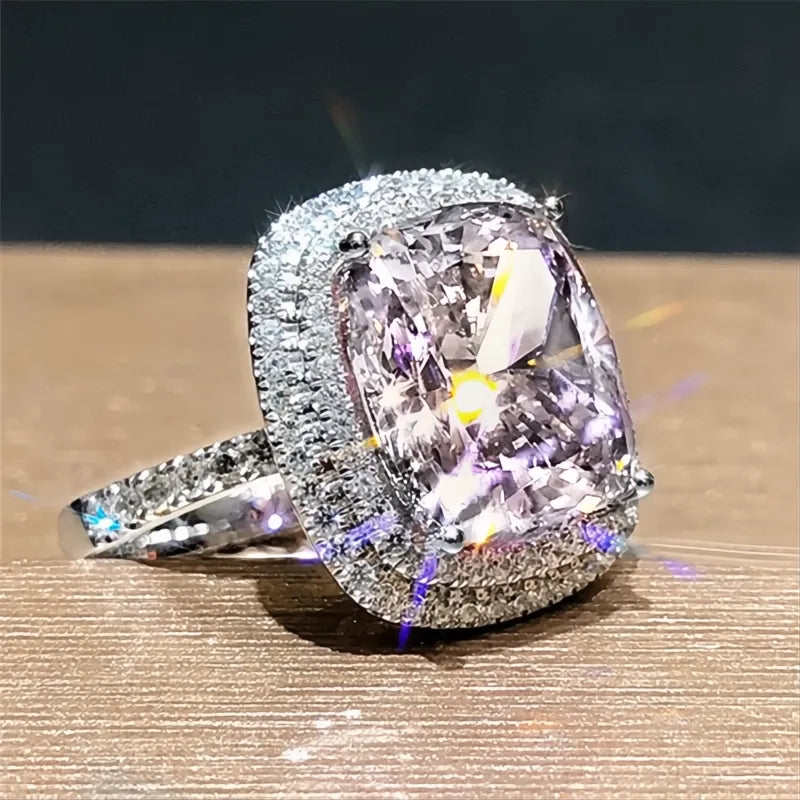Personality Big Pink Cubic Zirconia Wedding Ring for Women Bridal Marriage Party Jewelry