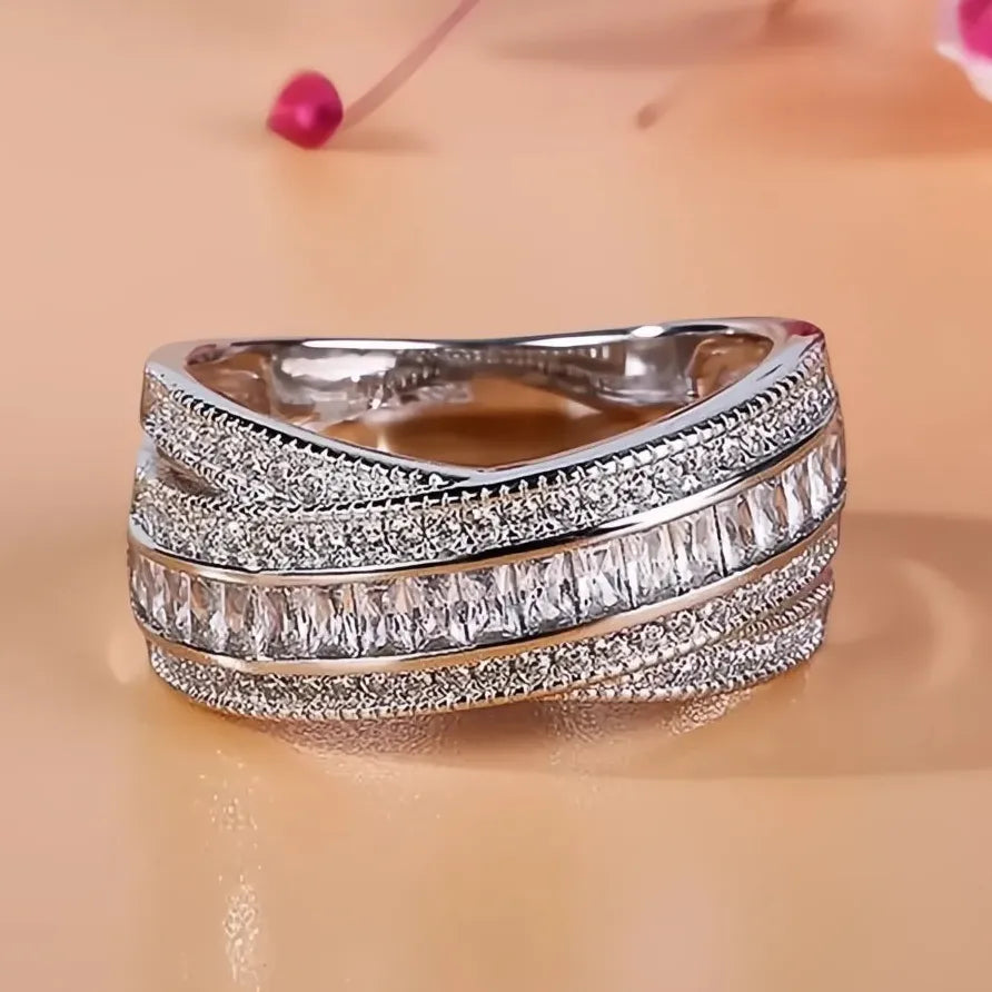 Square Cubic Zirconia Cross Ring for Women Bridal Wedding Jewelry