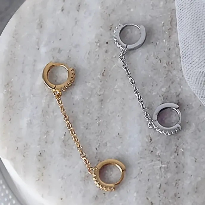 One PCS Two Hole Hoop Earrings for Women Cubic Zirconia Crystal Copper Chain Jewelry