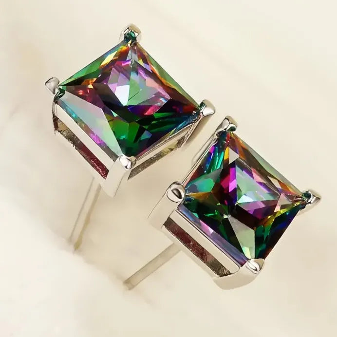 Classic Four Claw Multicolor CZ Geometric Stud Earrings for Women