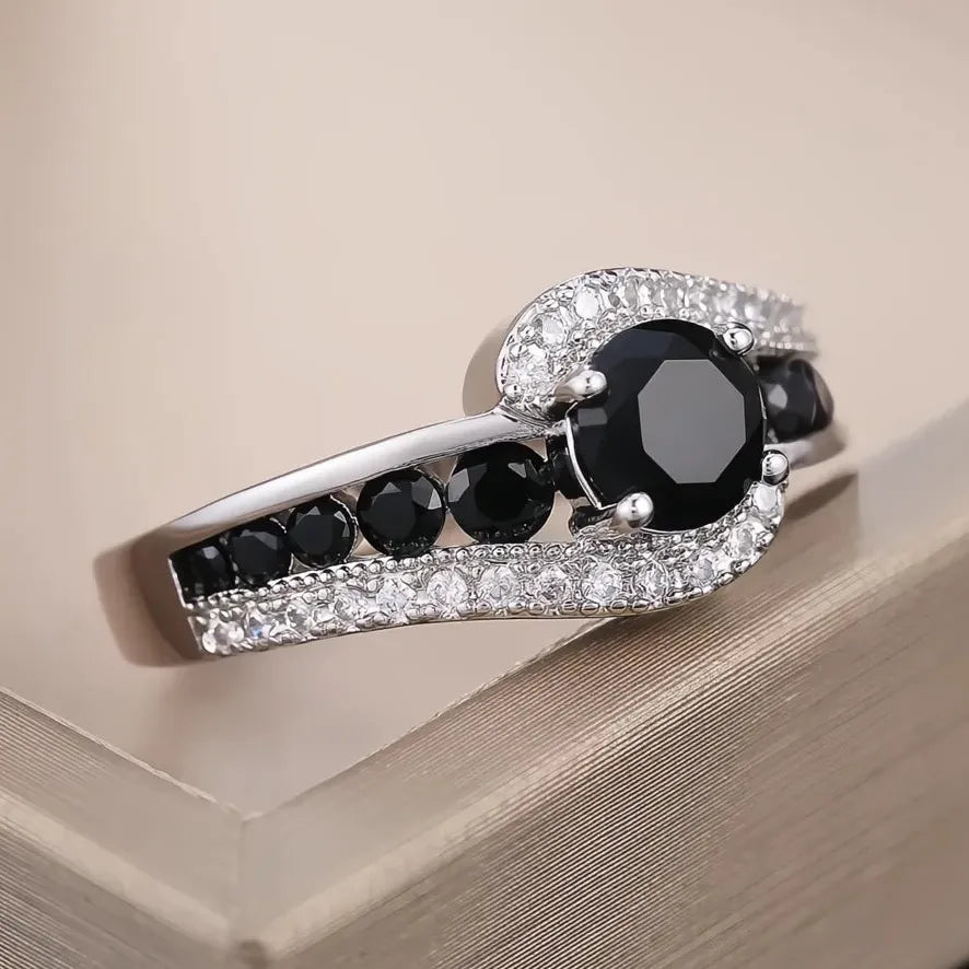 Black Stone Women Wedding Ring Dazzling Crystal Zircon Brass Delicate Classic Jewelry Gift
