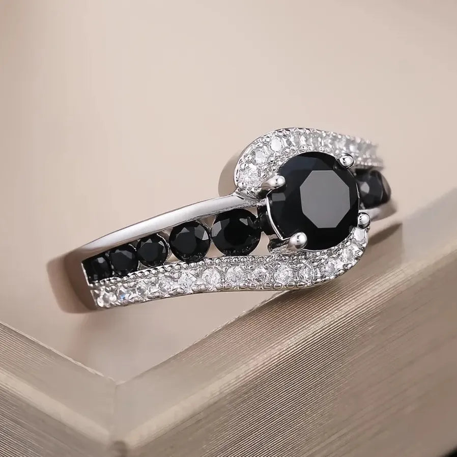 Classic Black Stone Women’s Wedding Ring Crystal Zircon Brass Gift