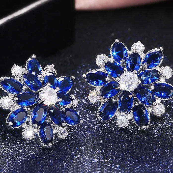 Double Layer Flower Stud Earrings for Women in 7 Colors with Cubic Zirconia
