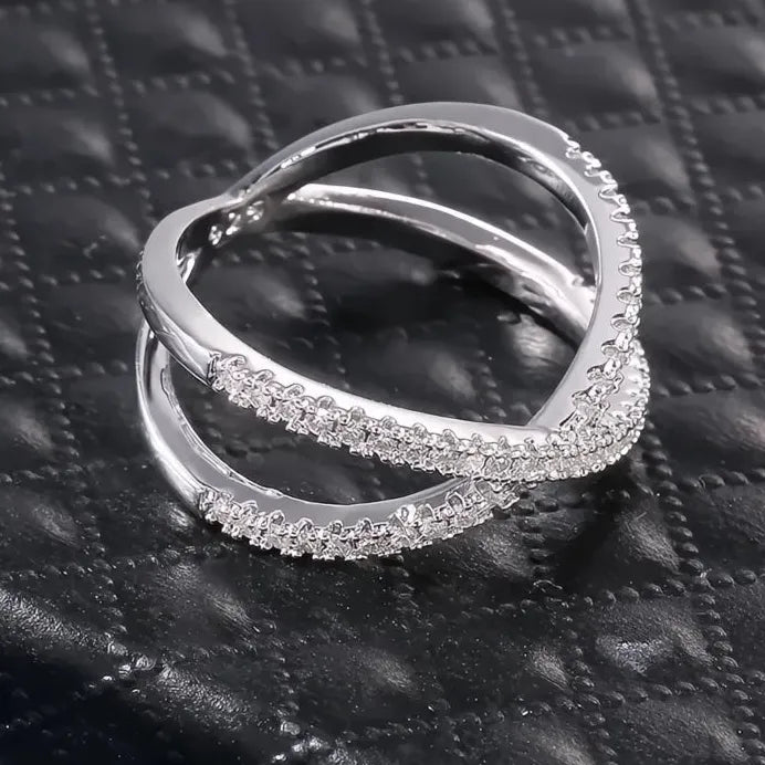 Women’s Luxury Cross X Shape Engagement Ring Silver CZ Paved Jewelry