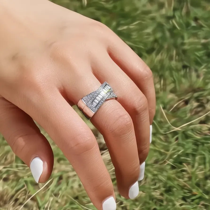 Square Cubic Zirconia Cross Ring for Women Bridal Wedding Jewelry