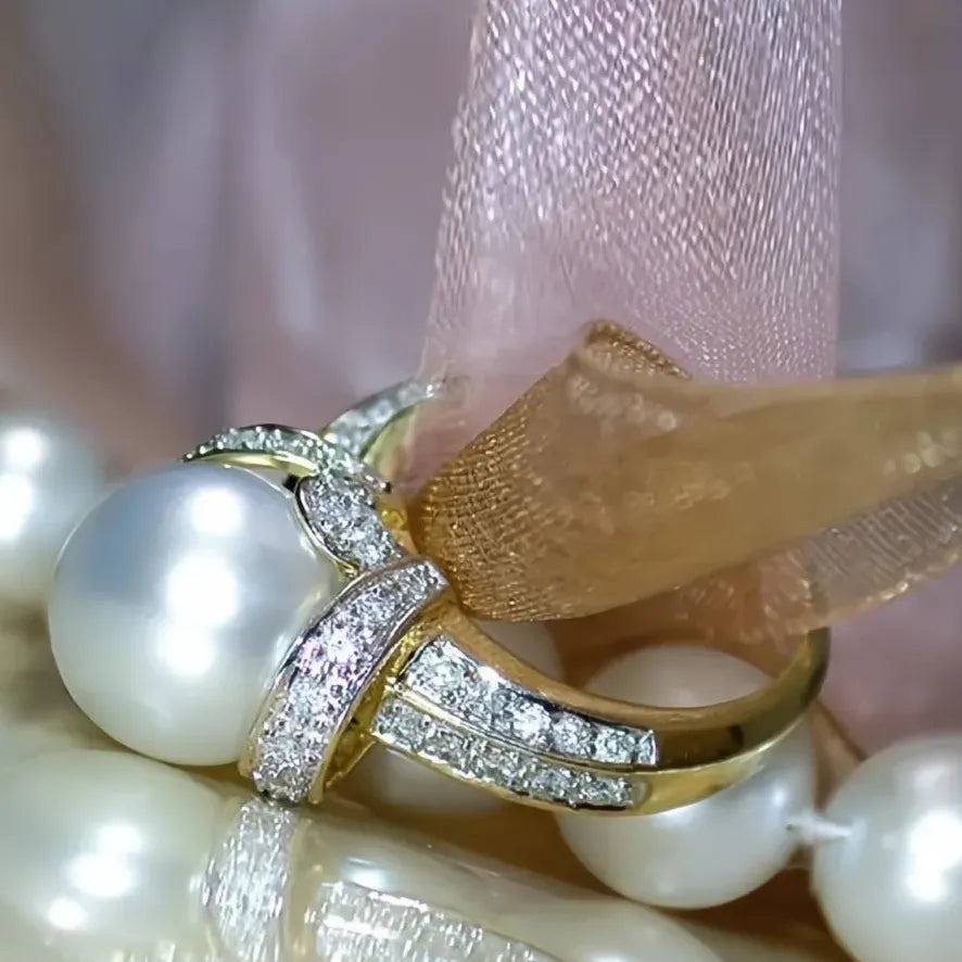 Elegant Gold Imitation Pearl Wedding Ring with Shiny CZ Cubic Zirconia for Women