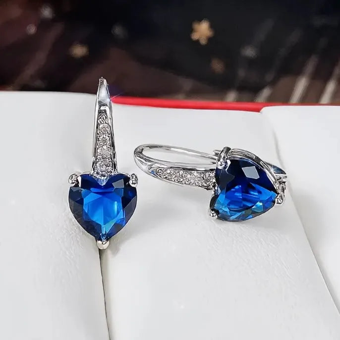 Blue Cubic Zirconia Heart Drop Earrings for Women Simple Elegant Wedding Jewelry Gift