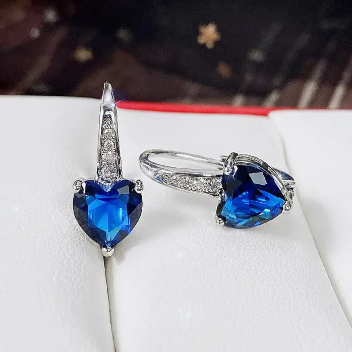 Silver Color Blue CZ Heart Earrings for Women Wedding Fashion Jewelry Gift