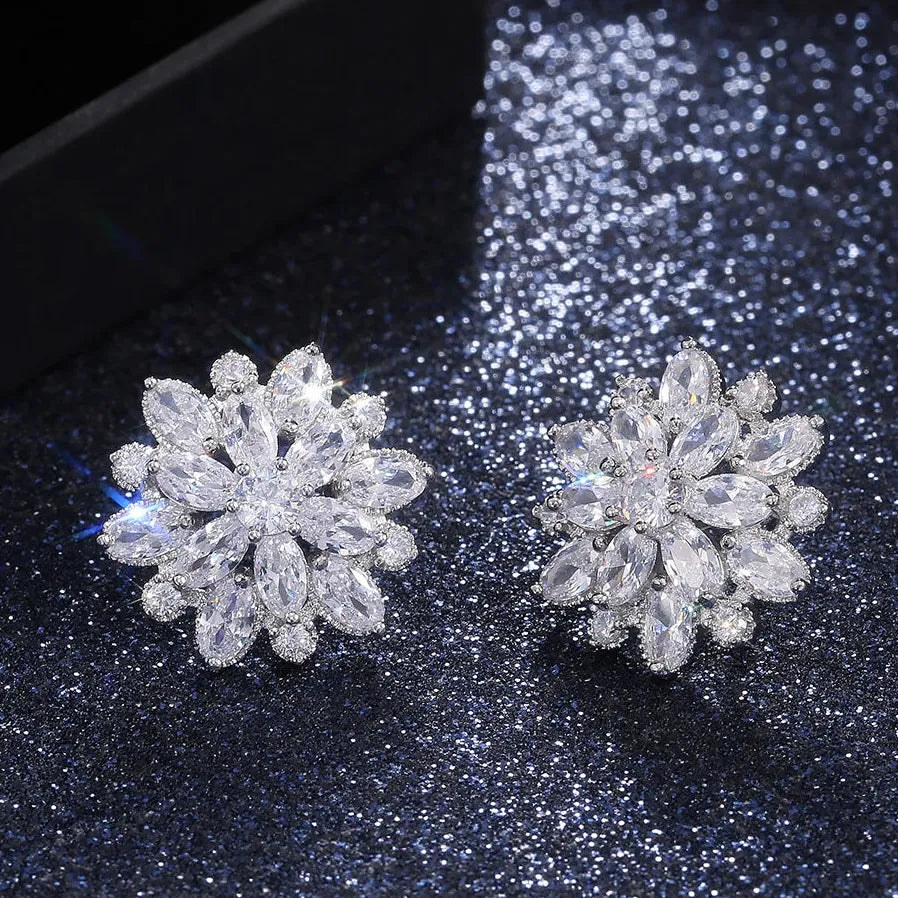 Double Layer Flower Stud Earrings for Women in 7 Colors with Cubic Zirconia