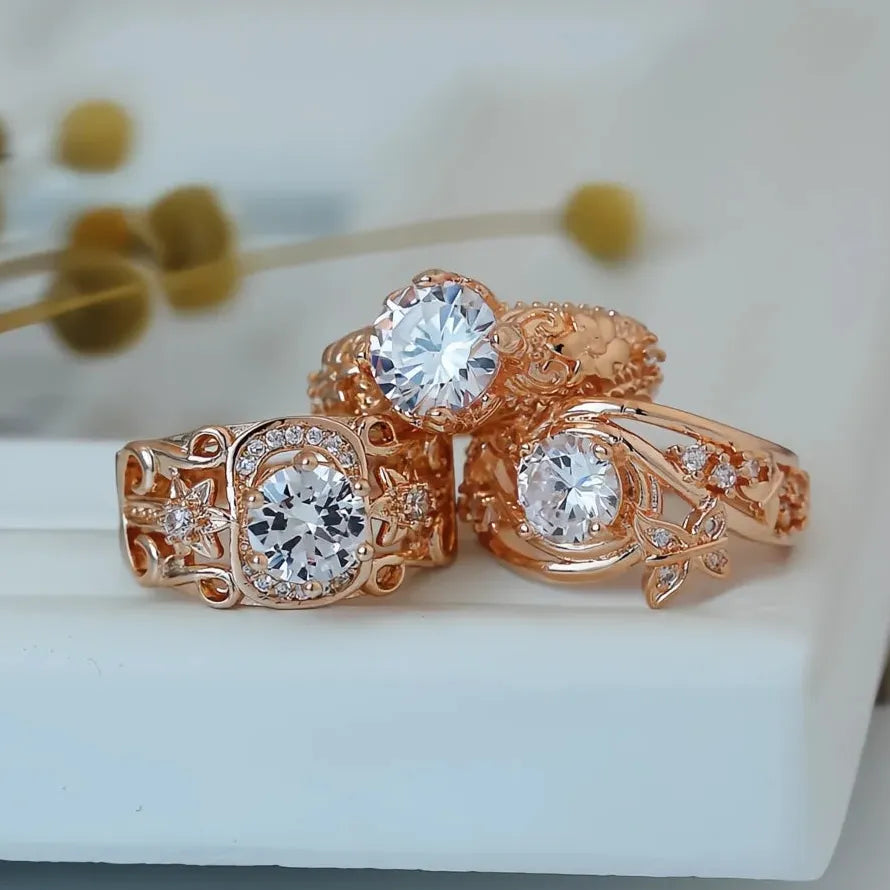 Rose Gold Flower Zircon Engagement Wedding Ring Zinc Alloy Luxury Jewelry