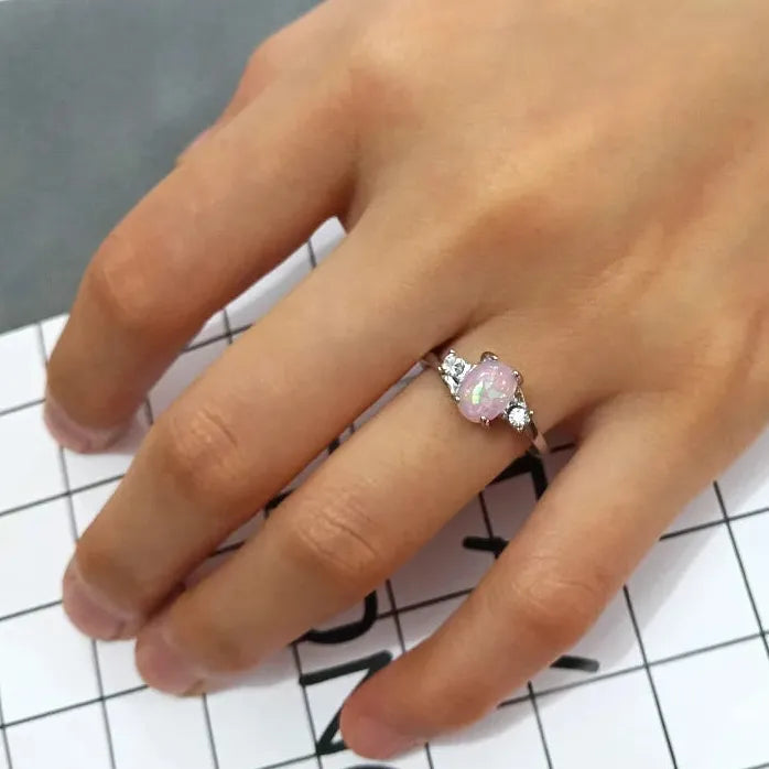 Silver Plated Fire Opal Plant Design Ring Wedding Jewelry Gift for Women