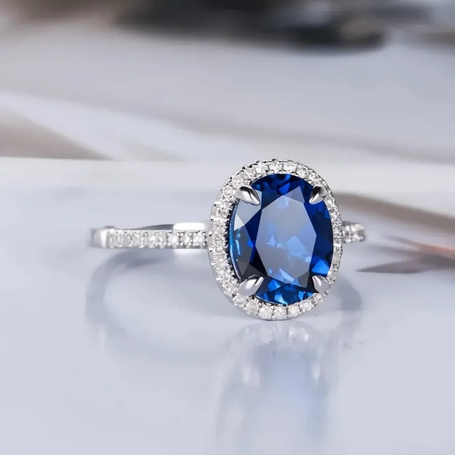 Classic Oval Dark Blue AAA Cubic Zirconia Pave Wedding Engagement Ring