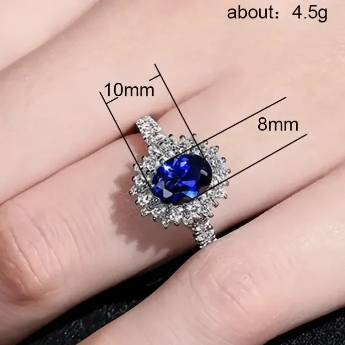 Oval Cut Blue Cubic Zirconia Brass Ring Women Wedding Anniversary Jewelry
