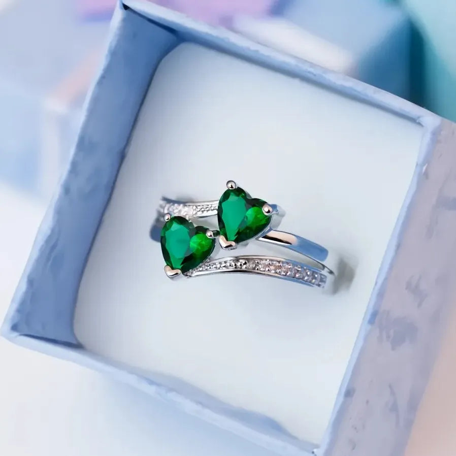 Silver-Plated Double Heart Cubic Zirconia Wedding Ring for Women Gift