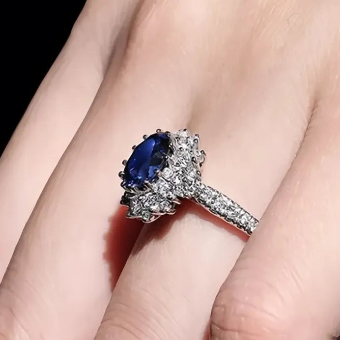 Oval Cut Blue Cubic Zirconia Brass Ring Women Wedding Anniversary Jewelry