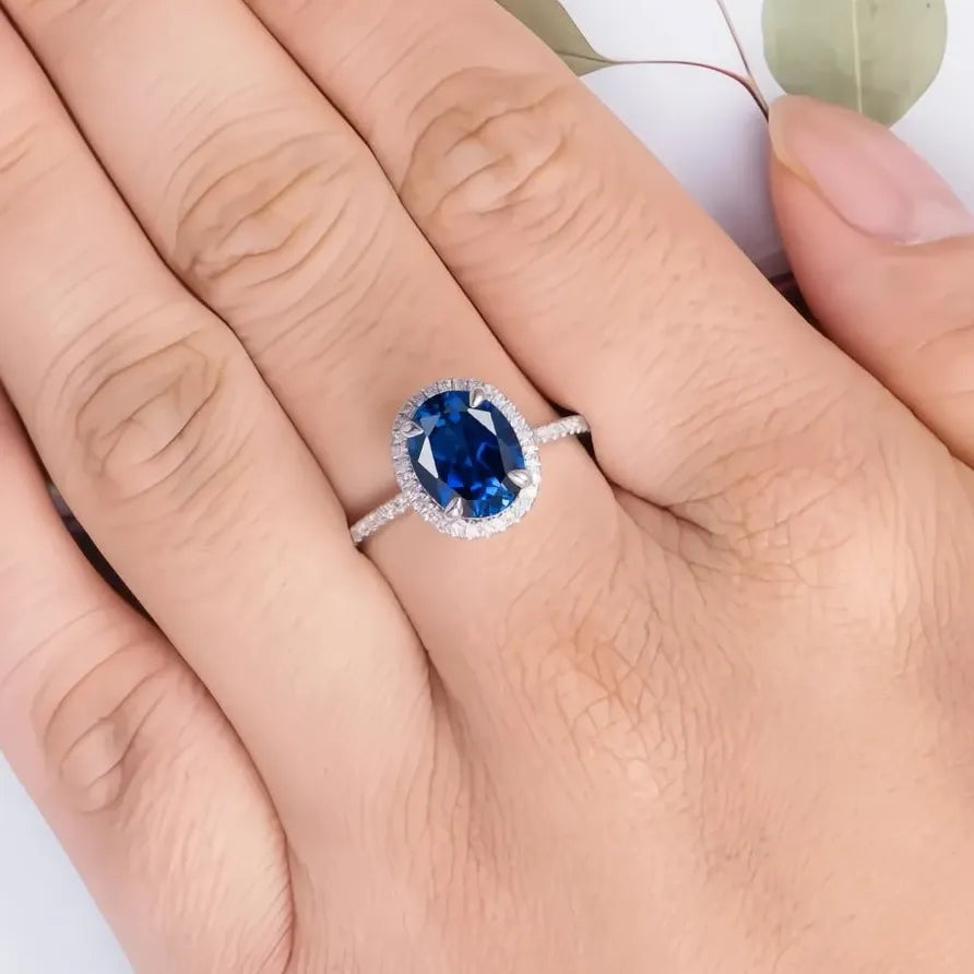 Classic Oval Dark Blue AAA Cubic Zirconia Pave Wedding Engagement Ring