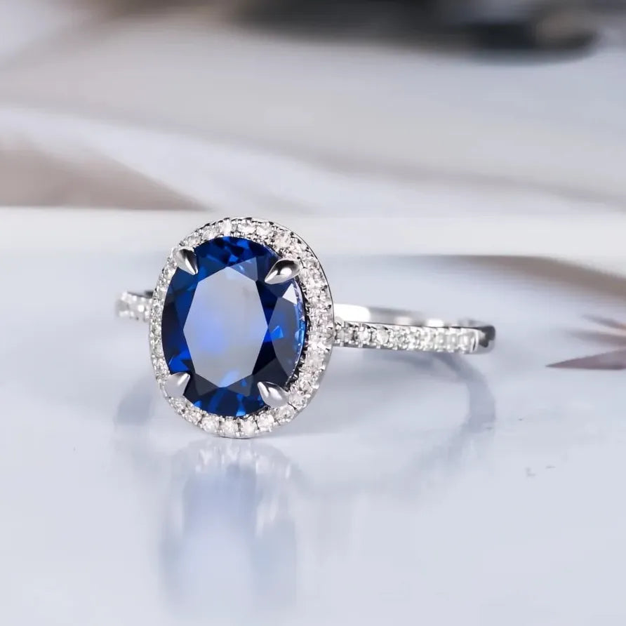 Classic Oval Dark Blue AAA Cubic Zirconia Pave Wedding Engagement Ring