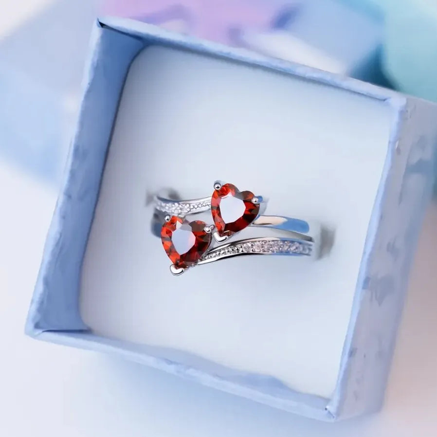 Silver-Plated Double Heart Cubic Zirconia Wedding Ring for Women Gift